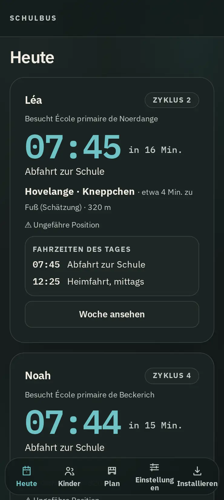 Startbildschirm der App: die Karte von Léa, Bus um 07:45 am Kneppchen.